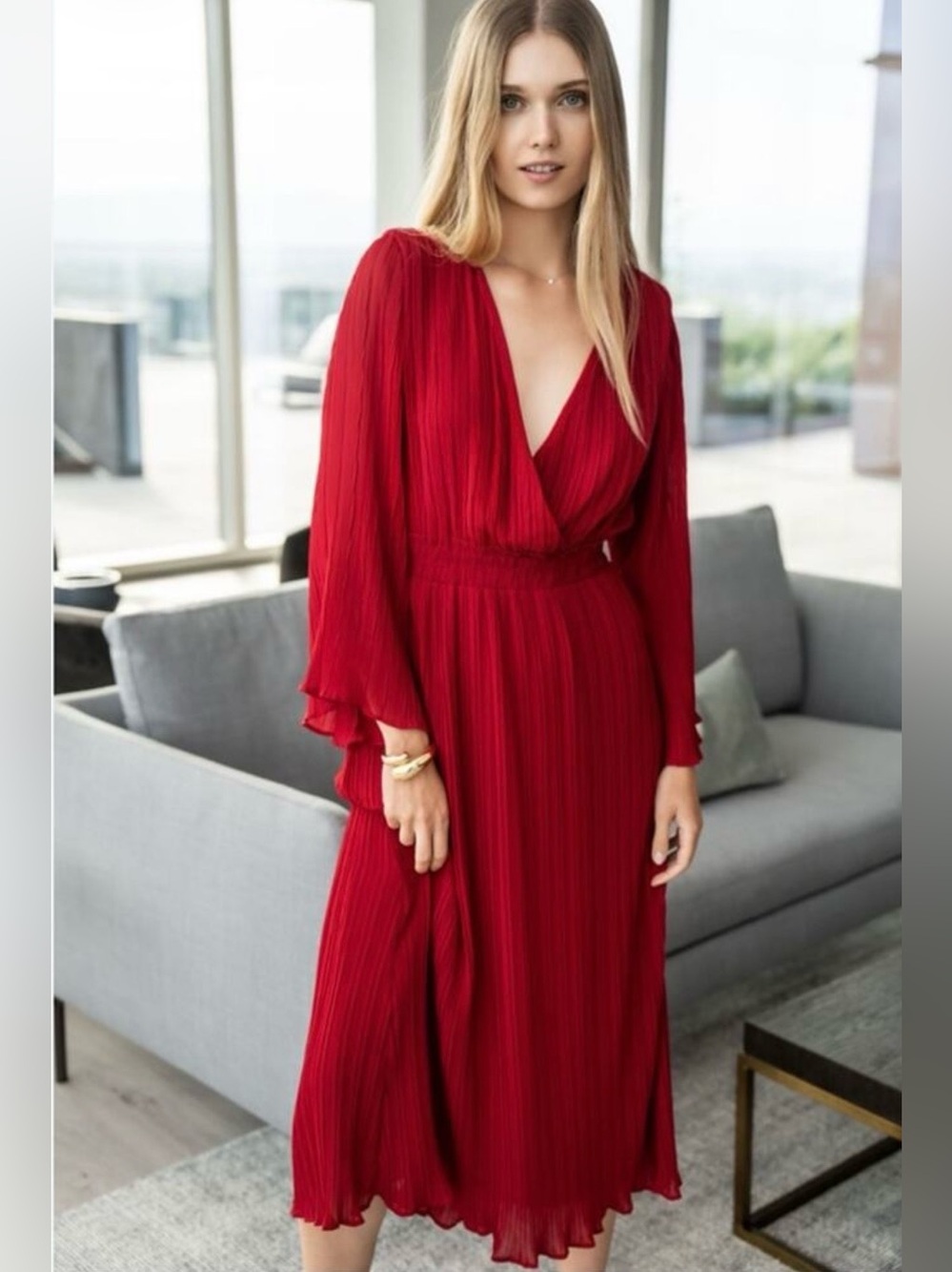 Zara NEW Pleated Midi Dress - Red - deep V neck size M